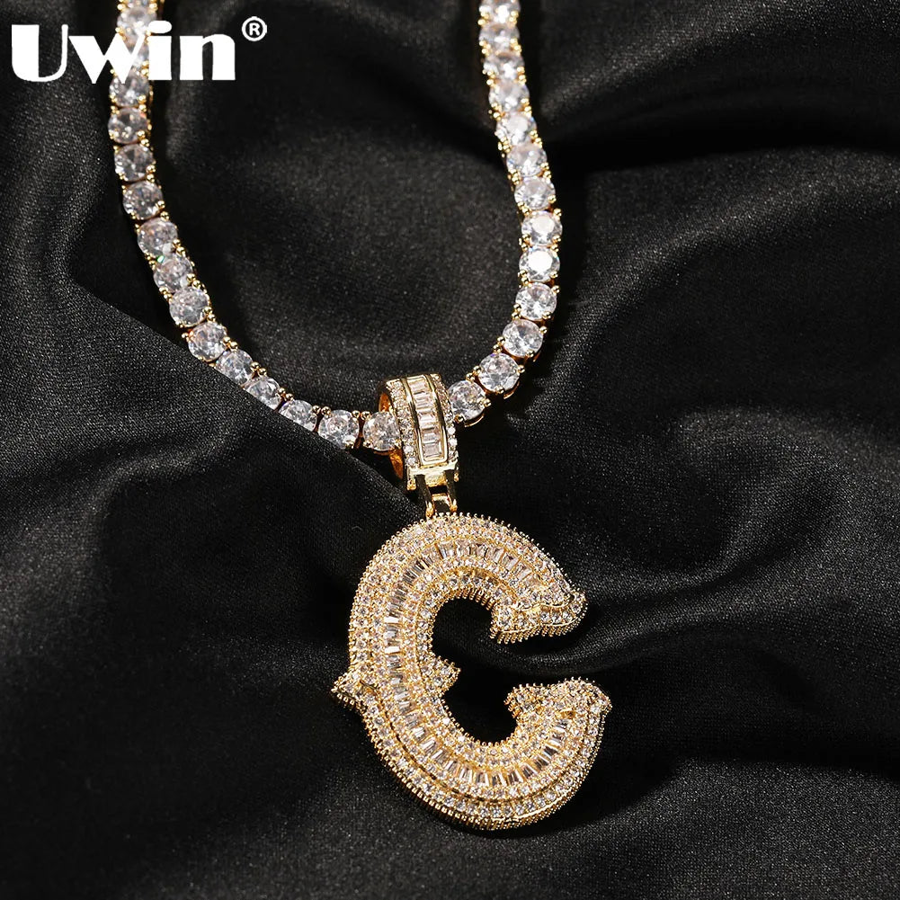 UWIN Initial Letter Pendant Necklace for Women Men Iced Out baguettecz Zircon Charms with Tennis Chain Hip Hop Jewelry