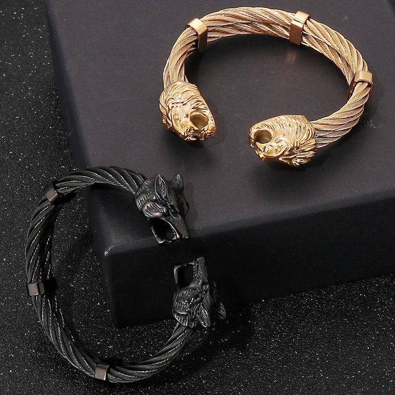 Gothic Gold Color Stainless Steel Wolf Lion Head Open Bangle Cuff Bracelet For Man Men's Boys On Hand Jewellery