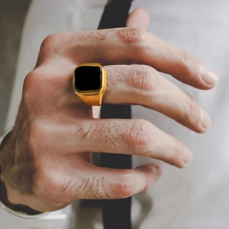 12.5mm Black Square Signet Ring — Stainless Steel