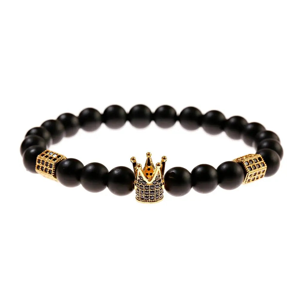 Luxury Men Stone Beads Skull Erkek Bileklik Bracelet Set Black CZ Crown Copper Bracelets For Women Pulseras Mujer