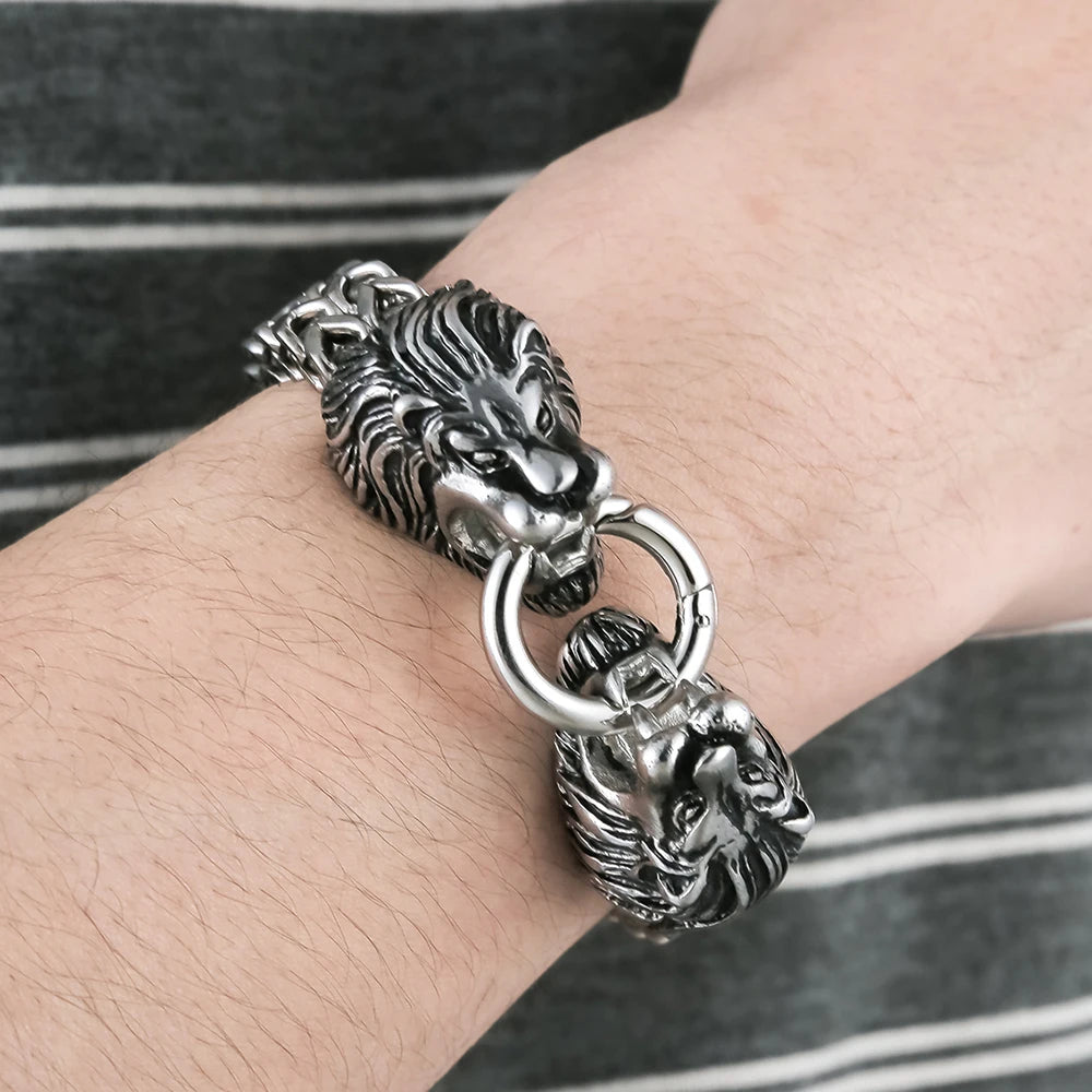 Cool Lion Head Bracelet Men Figaro Link Chain Mens Cuff Bracelets Heavy Solid Stainless Steel Male Jewelry Bangles