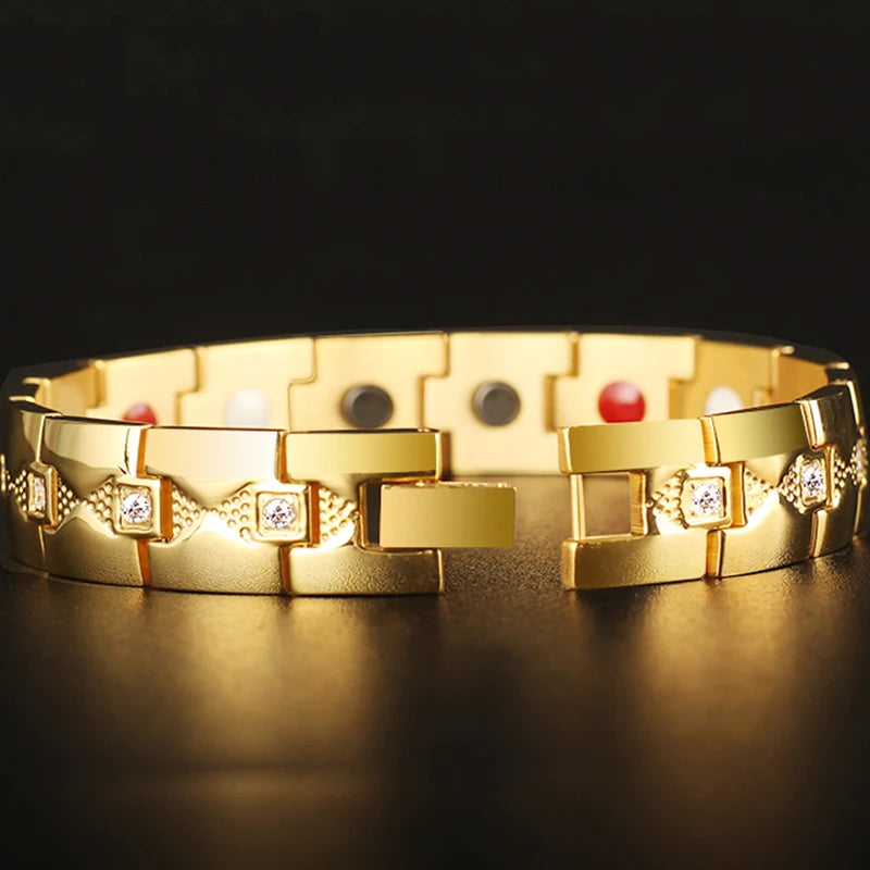 Gold Color Stainless Steel 4 In 1 Magnetic Therapy Bracelet for Man Arthritis Pain Relief and Carpal Tunnel Men's Boys