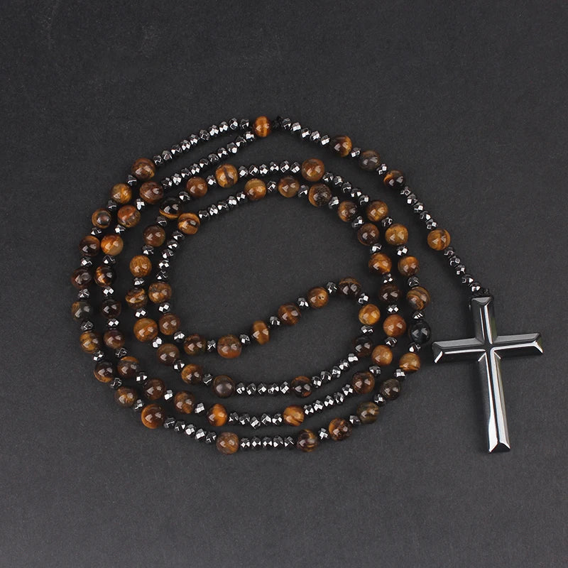 Tiger Eye Lapis Spectrolite Rosary Cross Necklace — Black-Tone