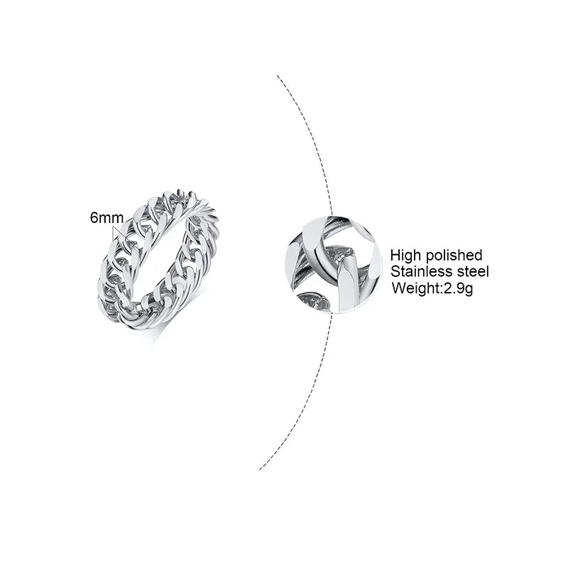 Cuban Ring, Curb Chain Ring, Stainless Steel Miami Link Rings,Streetwear Fashion Hip Pop Cool Ring, Everyday Jewelry 3 to 7 MM
