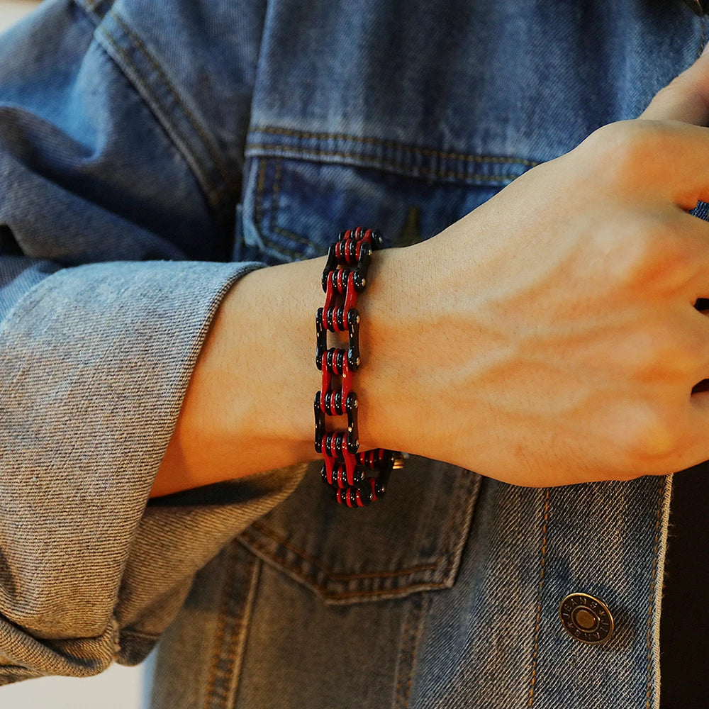 Rock And Roll Bicycle Chain Man Bracelet Red Stainless Steel Motorcycle Chain Men's Bracelets Jewelry