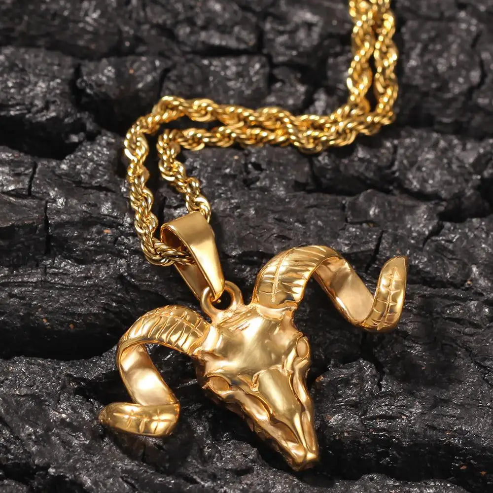 Hip Hop Titanium Steel Skull Goat Horn Pendants Necklaces for Men Rock Jewerly Drop Shipping