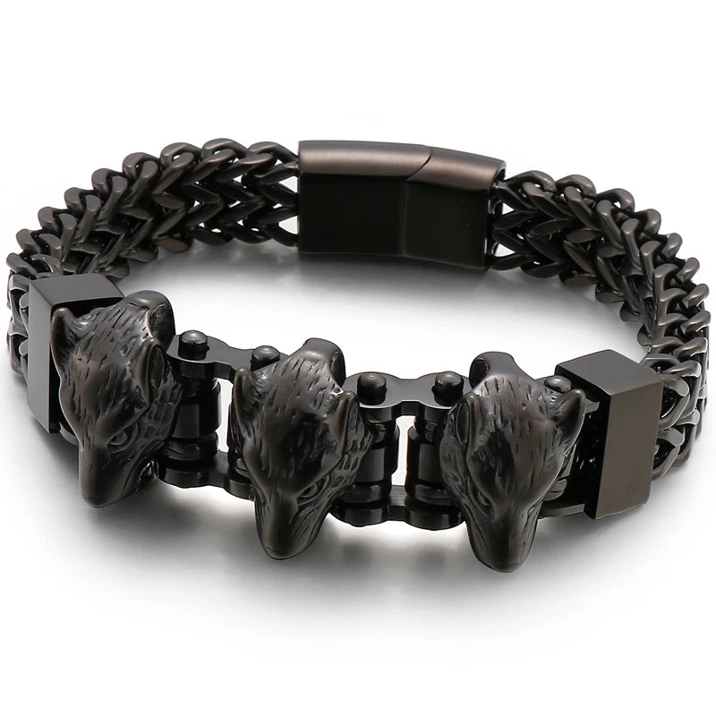 Gold Color Stainless Steel Chain Bracelet for Man Punk Gothic Skull Wristband With Magnetic Clasp Animal Head Homme