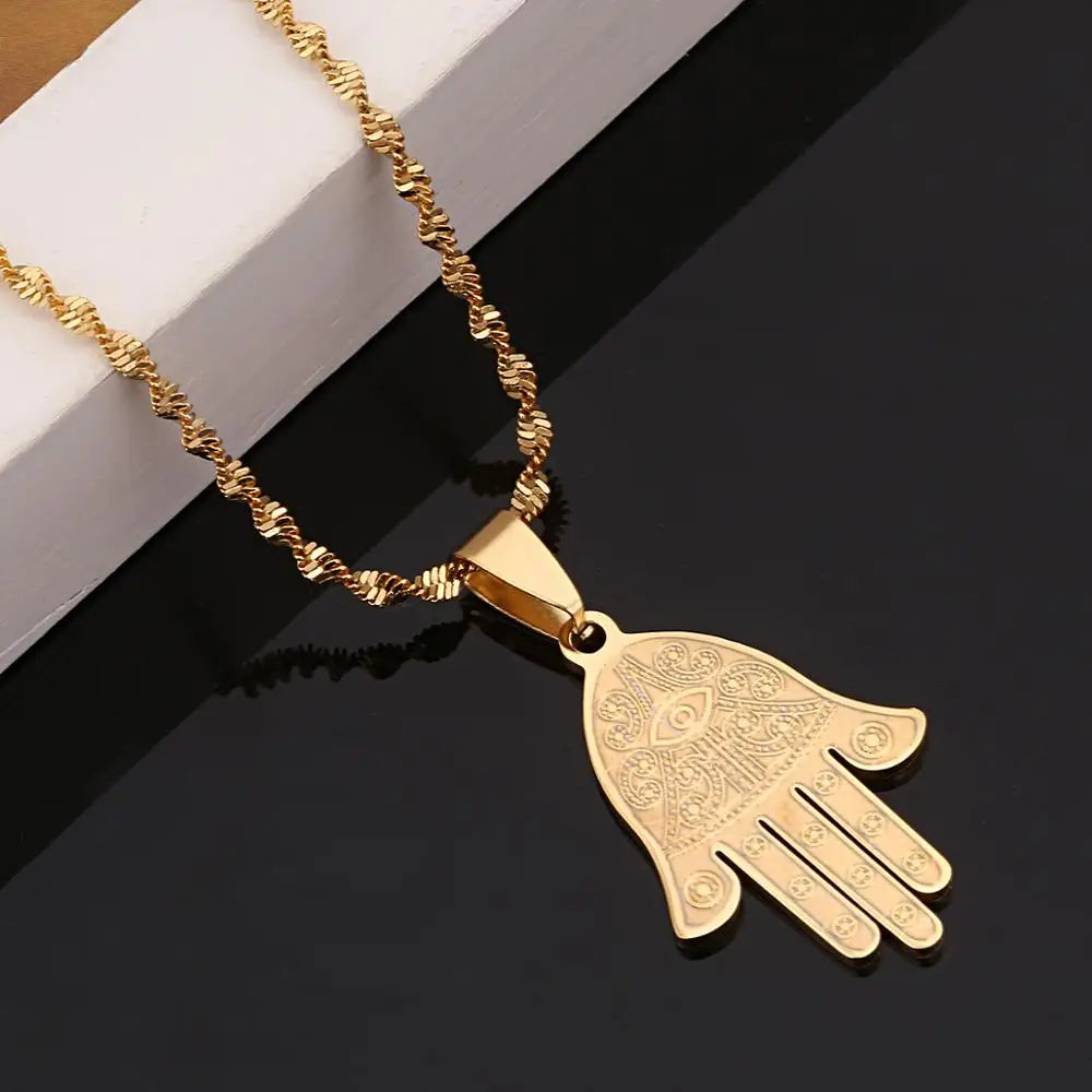 Stainless Steel Egyptian Eye of Good Luck Fatima Hamsa Hand Pendant Necklace Hand Palm Jewelry