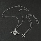 Gothic Halloween Necklace Inlaid Rhinestone Skull Saturn Pendant Double Chain Necklace Trend Men's and Women's Jewelry