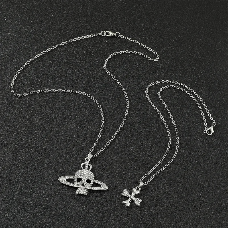 Gothic Halloween Necklace Inlaid Rhinestone Skull Saturn Pendant Double Chain Necklace Trend Men's and Women's Jewelry