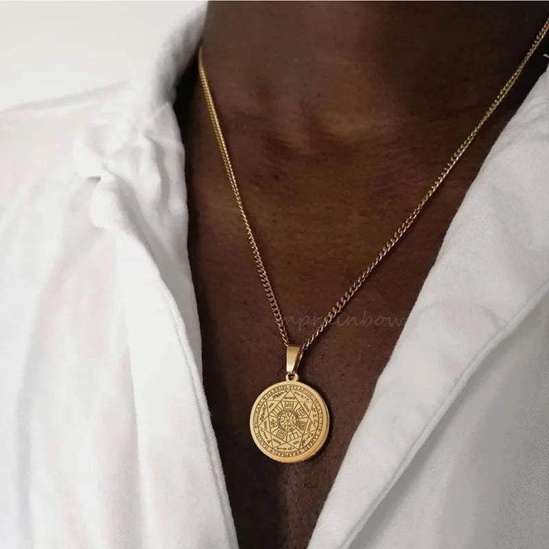 Men Necklace,Seal of the Seven Archangels Necklaces,Stainless Steel The 7 Archangels Sigil, Solomon Kabbalah Amulet Pendants