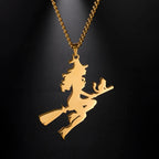 Witch Cat Broom Pendant Necklace — Stainless Steel