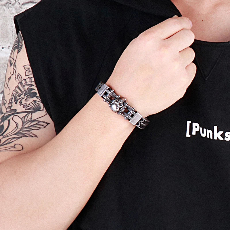 Gothic Stainless Steel Men's Bracelets With Skull Head Double Layer Franco Link Curb Chain Bracelet Man Jewelry With