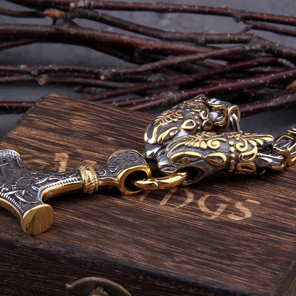 Men stainless steel Dragon head norse viking amulet thor hammer pendant necklace viking king chain Never Fade