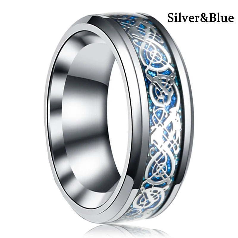 Fashion 8mm Stainless Steel Celtic Dragon Rings For Men Inlay Purple Carbon Fiber Rings Wedding Band Jewelry Birthday Gifts