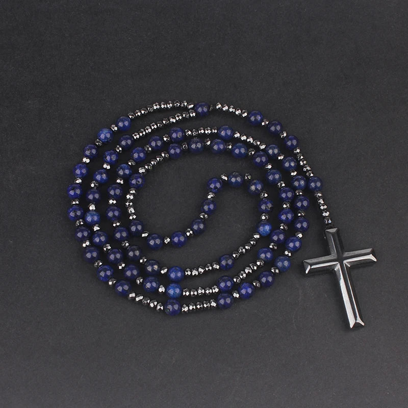 Tiger Eye Lapis Spectrolite Rosary Cross Necklace — Black-Tone