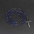 Ntural Rosary Tiger-Eye Lapis Lazuli Spectrolite Beads Long Necklace Hematite Cross Pendant Religious Jewelry