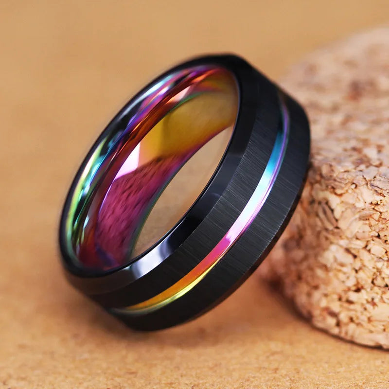 Fashion 8mm Men's Black Tungsten Wedding Band Rings Black Groove Beveled Edge Engagement Ring for Men's Valentine Gift