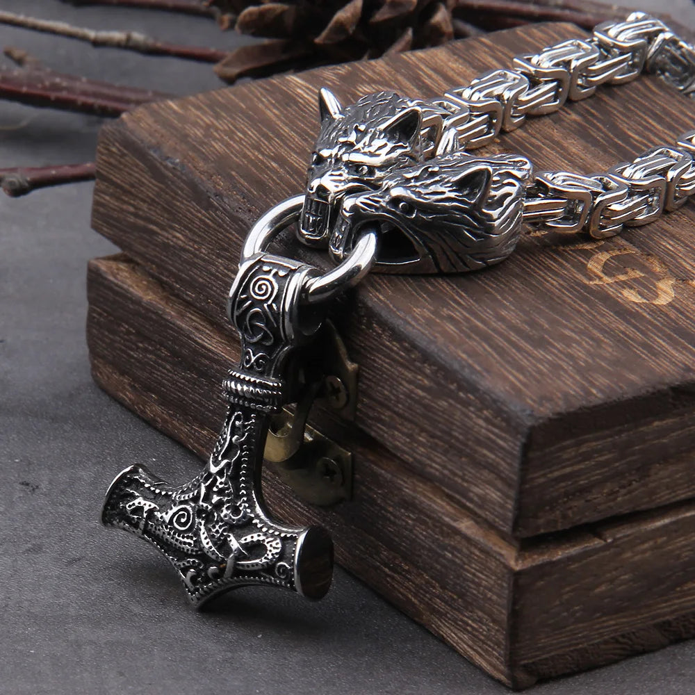 Wolf Head Thor Hammer Pendant — Stainless Steel