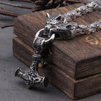 Wolf Head Thor Hammer Pendant — Stainless Steel