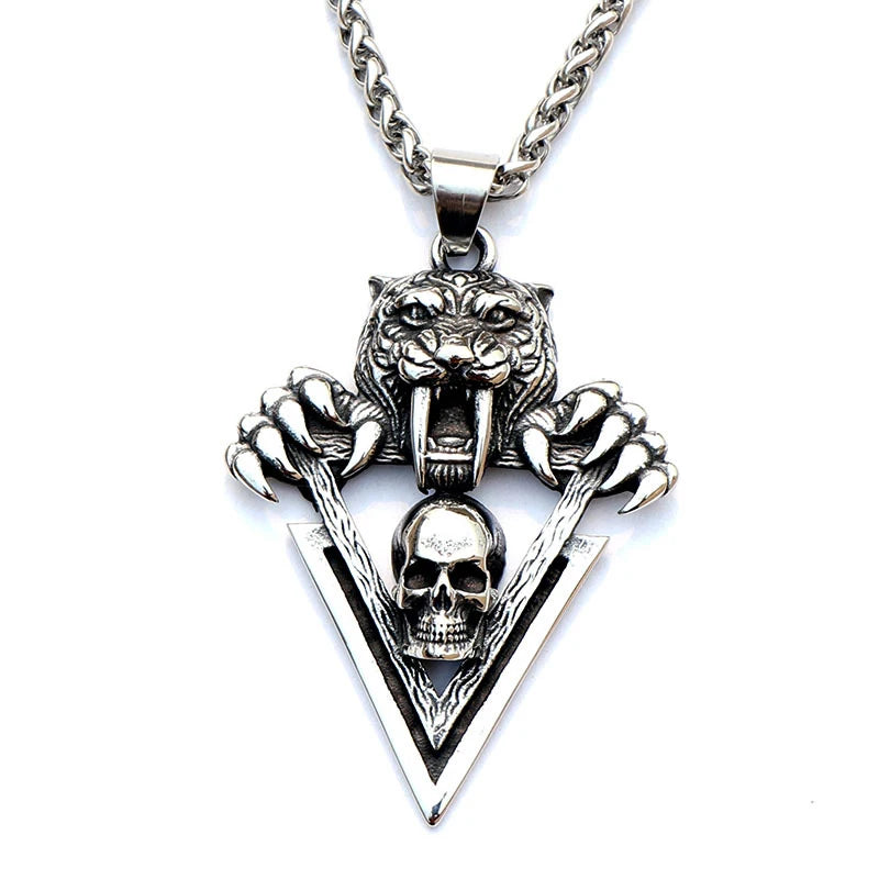 Tiger Tooth Skull Pendant Necklace — Stainless Steel