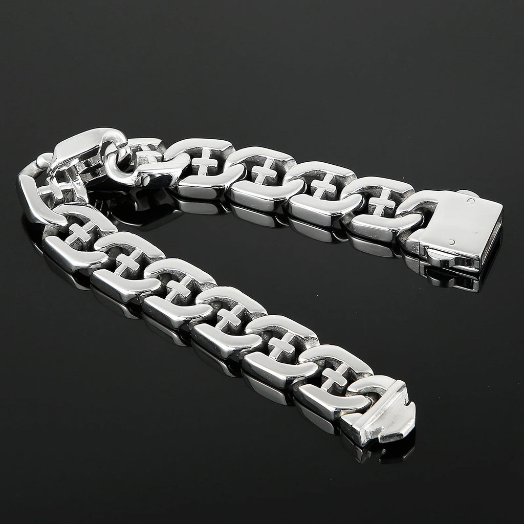 Fongten 21cm Cross Bracelets For Men Stainless Steel Cuban Link Chain Wristband Bangle Bracelets Silver Color Male