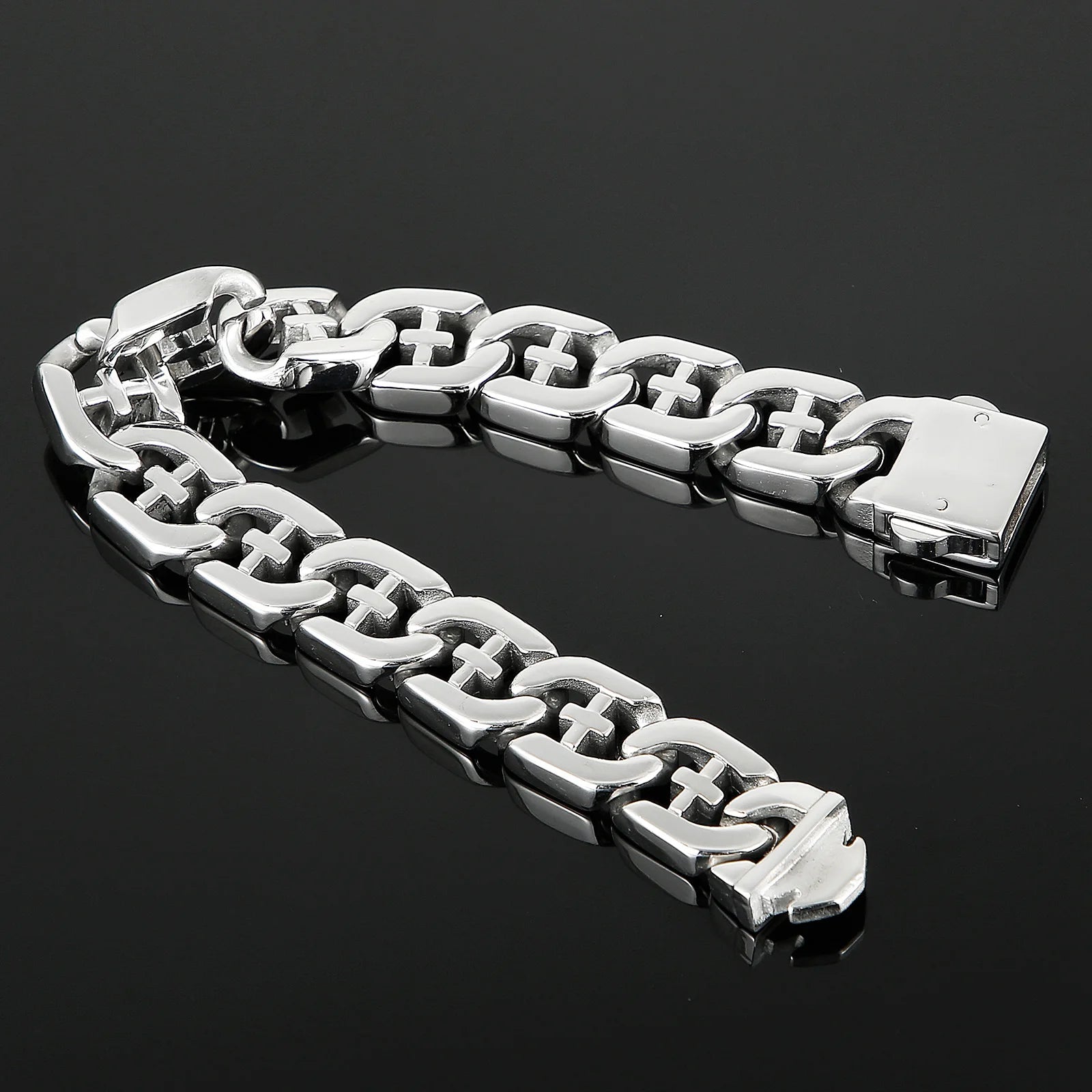 Fongten 21cm Cross Bracelets For Men Stainless Steel Cuban Link Chain Wristband Bangle Bracelets Silver Color Male