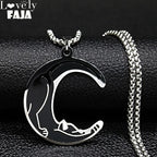 Moon Cat Black Enamel Necklace — Silver
