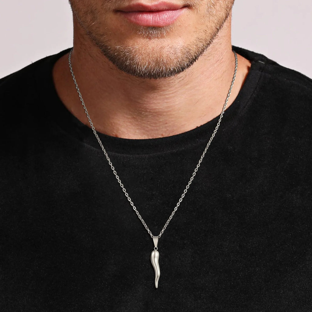 Italian Horn Charm Pendant Necklace — Stainless Steel