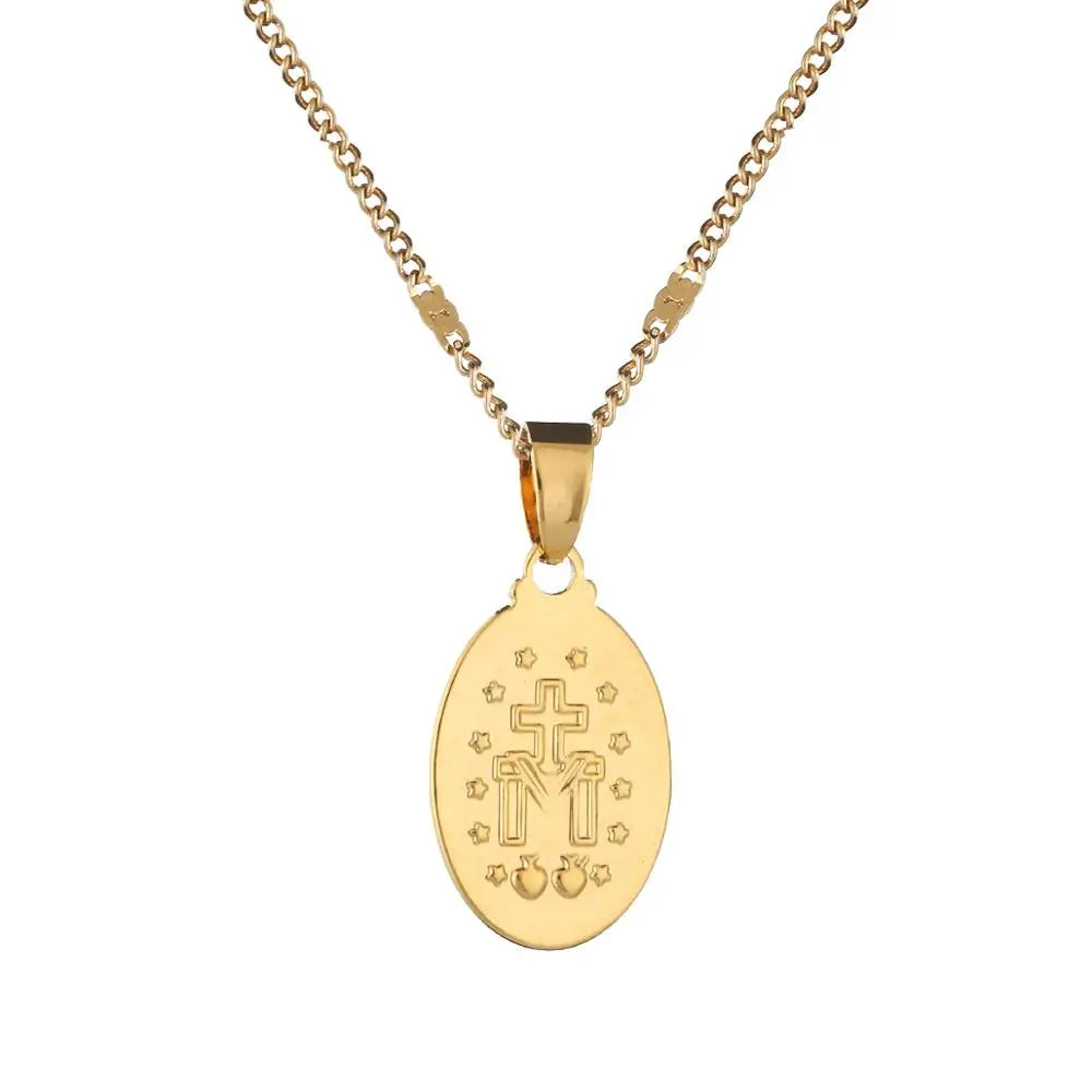Virgin Mary Pendant Necklace for Women Girls Gold Color Cross Trendy Chain Jewelry