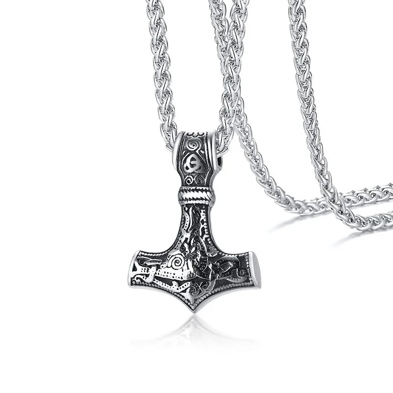 Vnox Vintage Men Norse Viking Necklaces,Rock Punk Retro Thor Mjolnir Hammer Pendant,Scandinavian Nodic Amulet Rune Neck