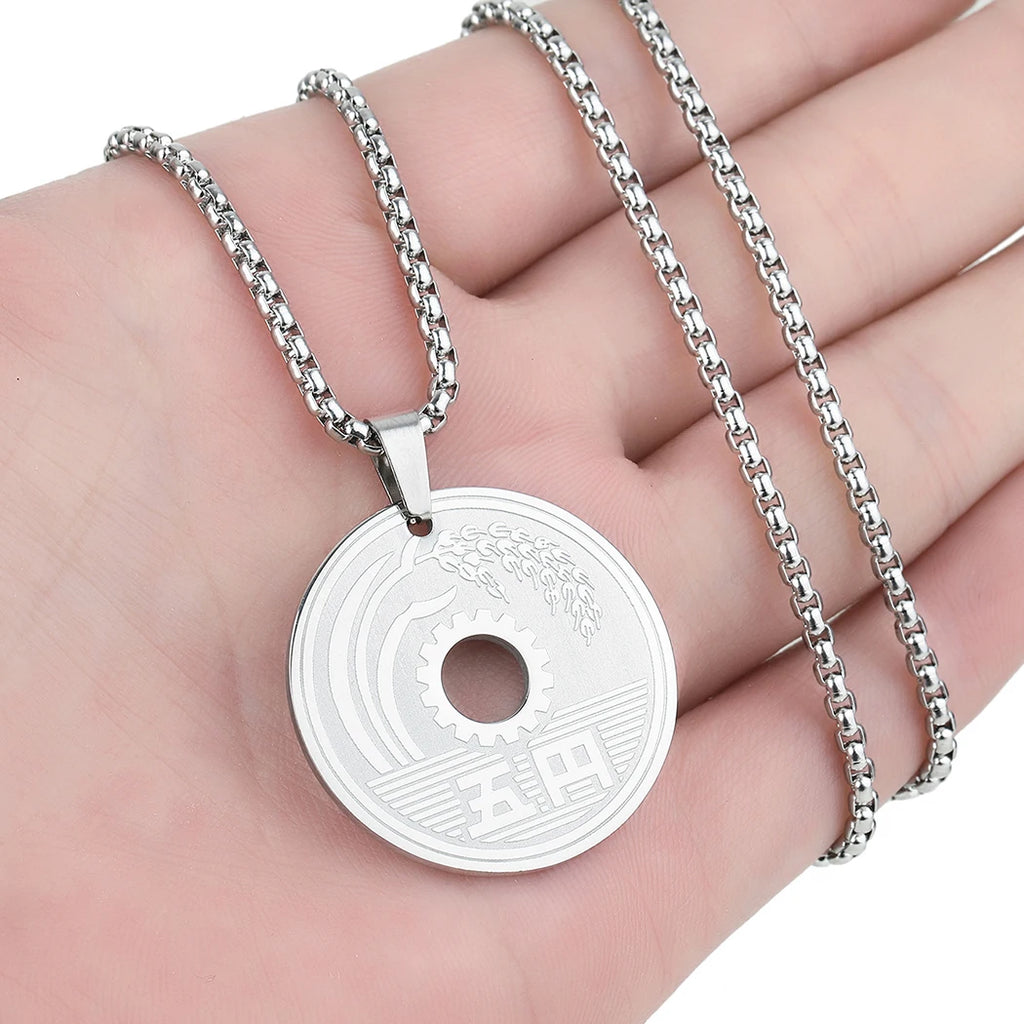 CHENGXUN Lucky Japanese Coin Necklace Mens Womens 5 Yen Coin Pendant Necklace Vintage Stainless Steel Good Luck Jewelry Gift