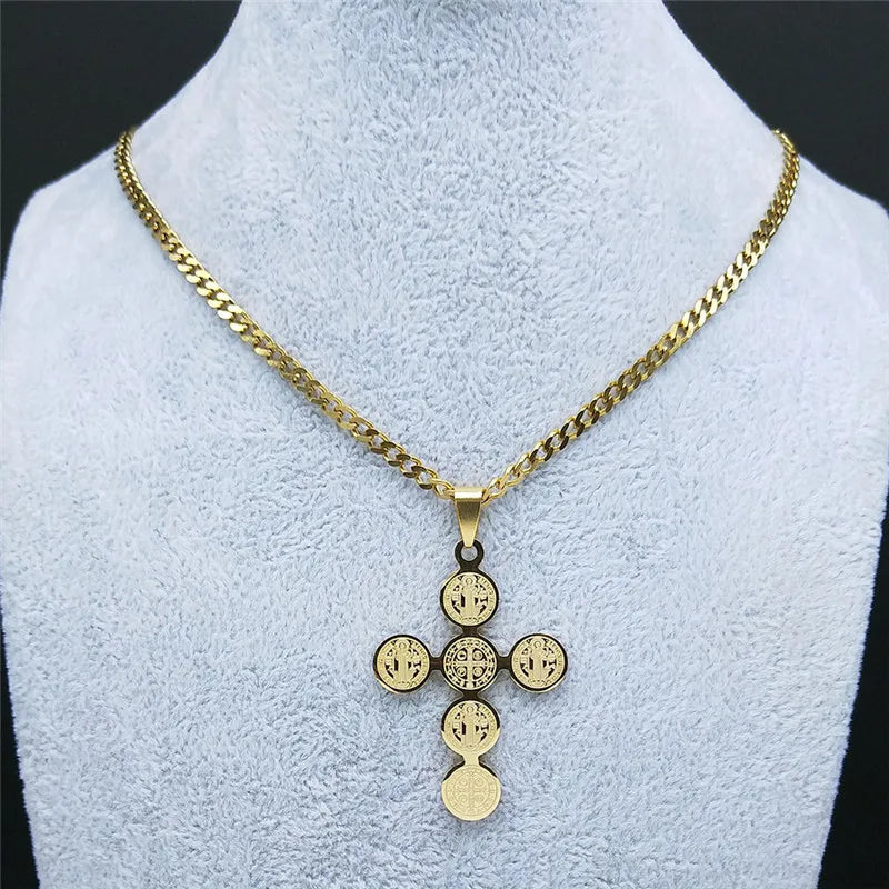 Saint Benedict Cross Pendant Necklace — Gold-Tone