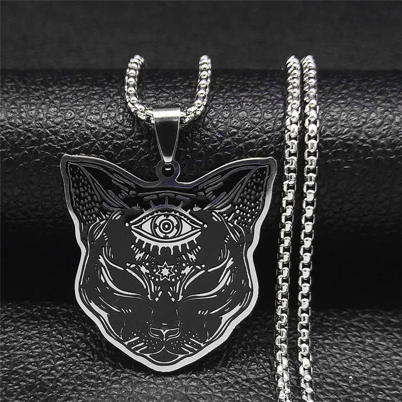 Moon Cat Black Enamel Necklace — Silver