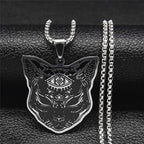 Moon Cat Black Enamel Necklace — Silver