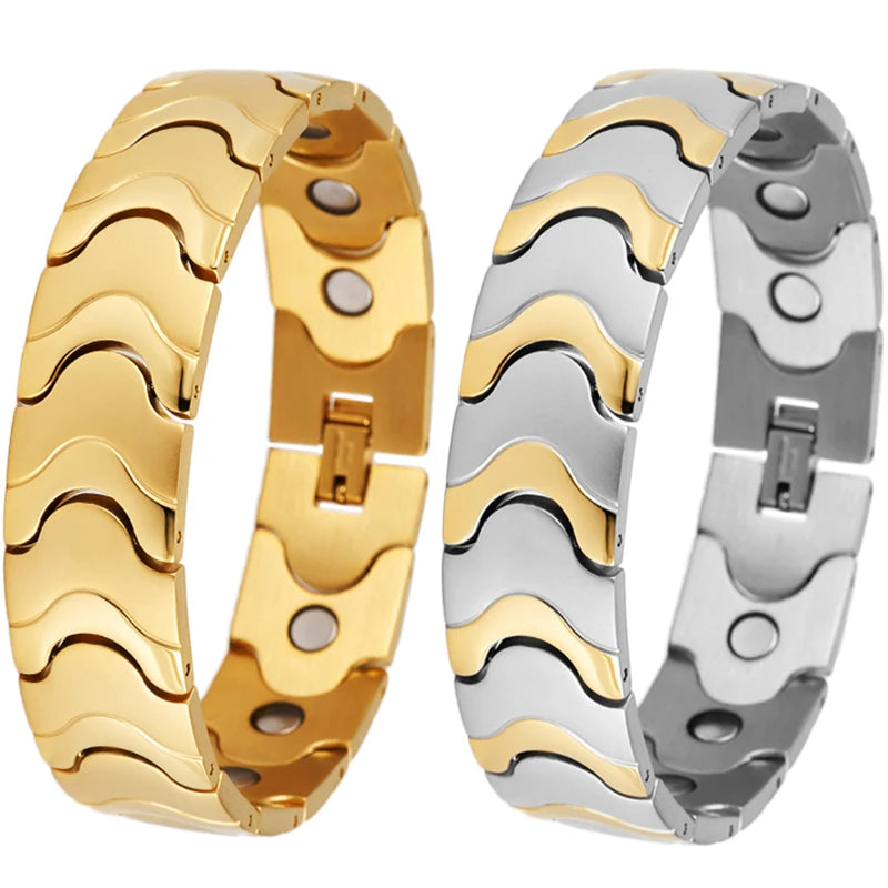 16MM Gold Color Stainless Steel Men's Magnetic Therapy Bracelets For Arthritis Pain Relief and Carpal Tunnel Bracelet