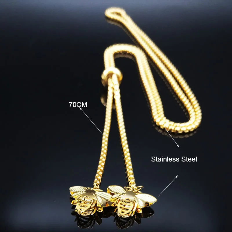 Bee Gold Statement Long Necklace — Stainless Steel