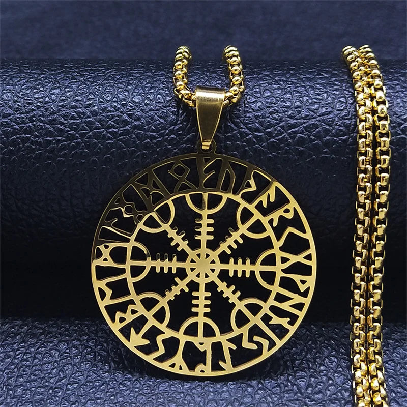 Viking Compass Helm Rune Amulet Necklace Silver Color Stainless Steel Symbol of Protection Necklace Pagan Jewelry