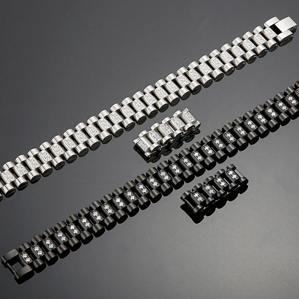 CZ Jewelry Men Bracelet 16MM Wide Watch Strap Chain Link Stainless Steel Bracelet For Bangle Male Jewellery Accessory