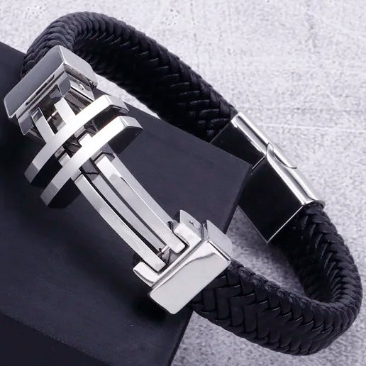 11MM Braided Leather Man Bracelet For Men Gold Color Stainless Steel Men's Charm Cross Bracelets Handmade Hand Bands