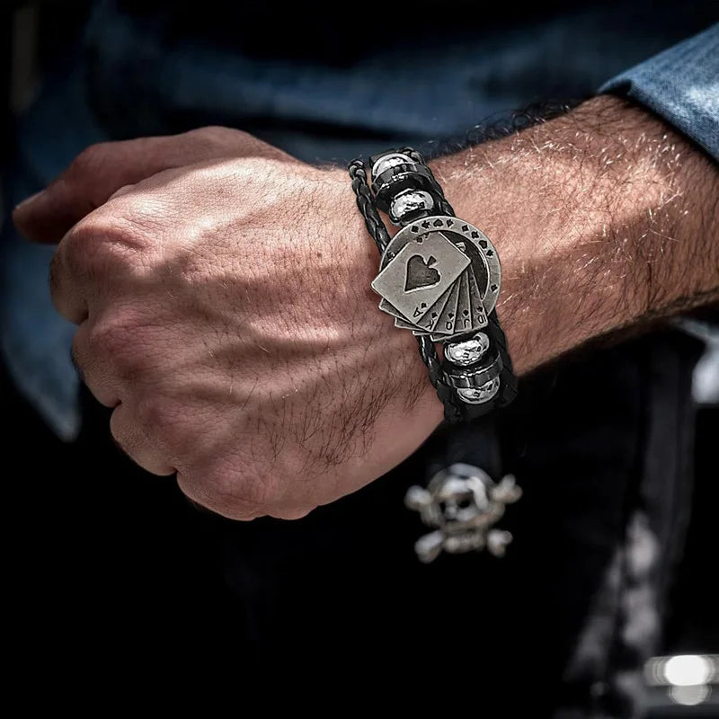 POKER BROWN LEATHER CUFF BRACELET MEN'S MULTILAYER WRAP WRISTBAND FRIENDSHIP VINTAGE BIKER PLAYING CARD POKER BANGLE