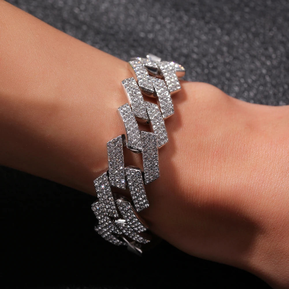 THE BLING KING 20mm Miami Prong Cuban Link Bracelet 3 Row Full Iced Out Rhinestones 7inch 8inch Bracelet Mens Hiphop