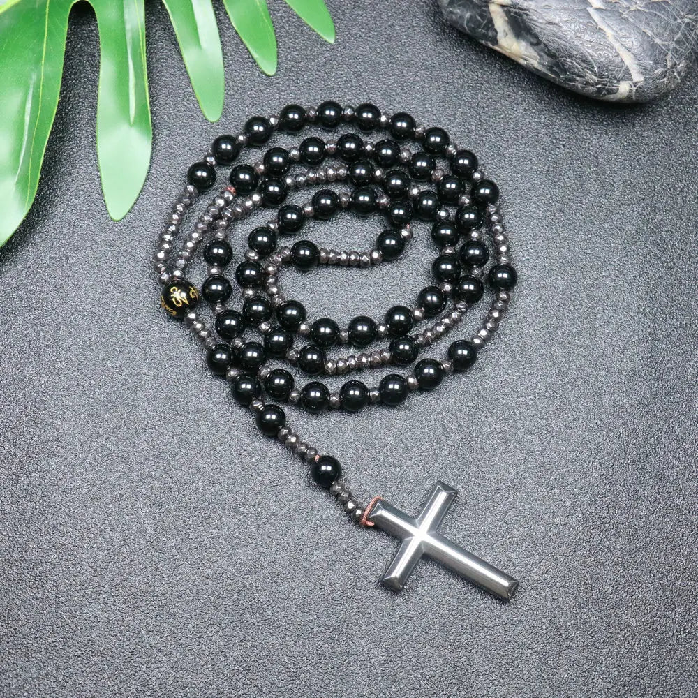 Tiger Eye Black Obsidian Rosary Cross Necklace — Black-Tone, 8mm
