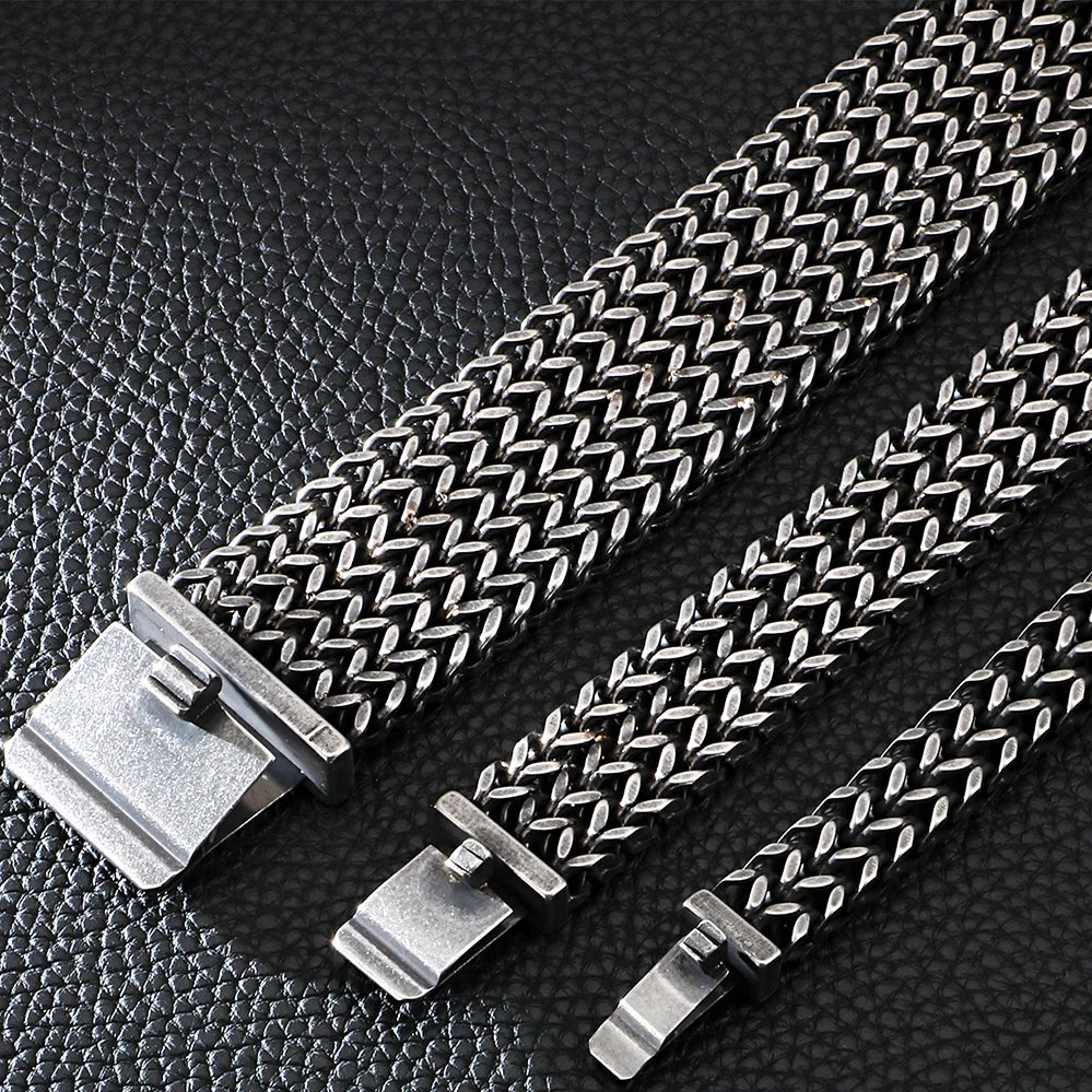 12/18/30MM Wide Black Stainless Steel Bracelet Men 23CM Retro Massive Mens Charm Bracelets 2020 Friendship Mens