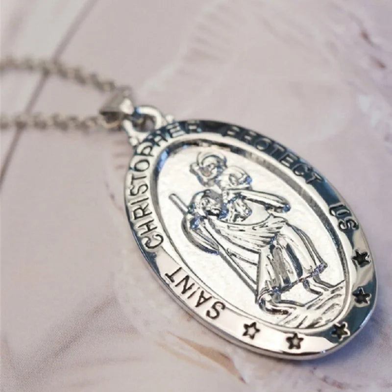 Trendy St. Christopher Pattern Oval Pendant Necklace Women's Necklace Fashion Clavicle Chain Pendant Accessories Party