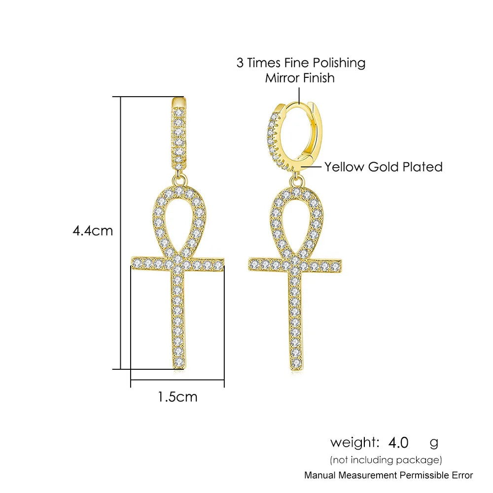 Iced Out Ankh Dangle Hoop Earrings CZ