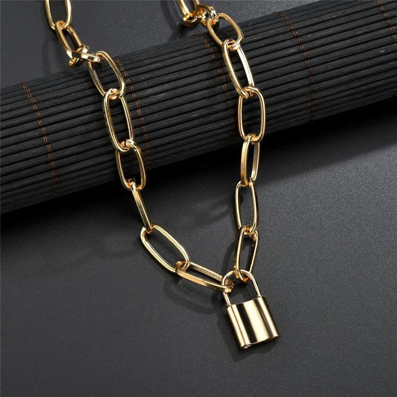 Silver-Tone Layered Lock Chain Choker Necklace