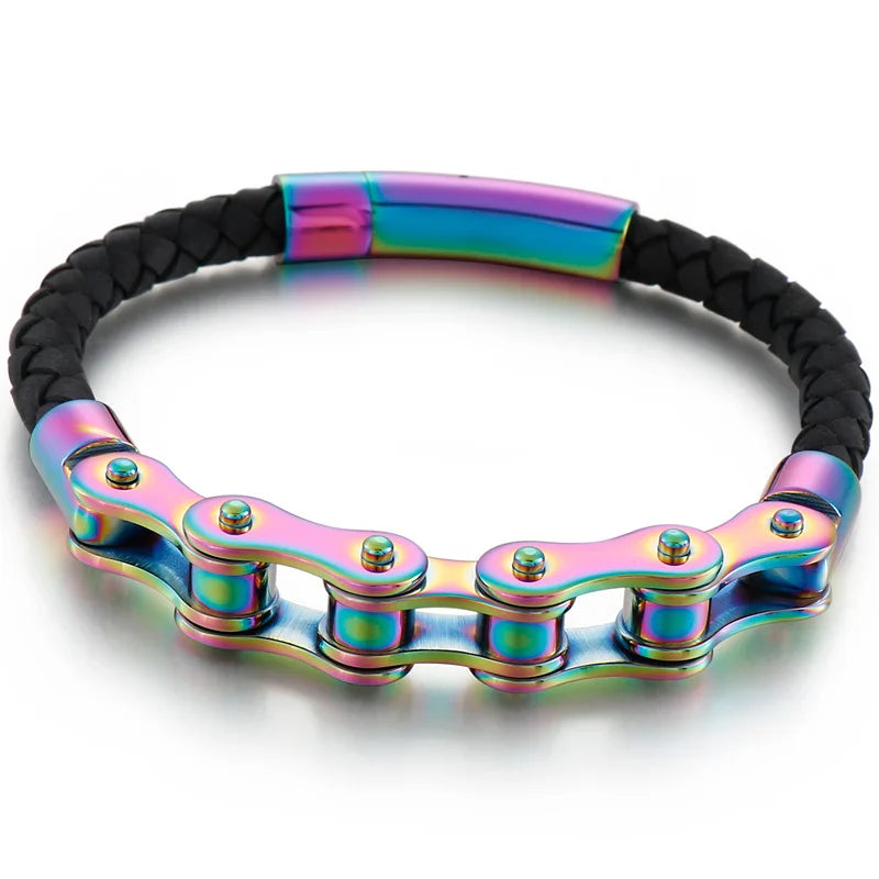 Men's Bike Motorcycle Link Chain Bracelet Man Braided Leather Cuff Bracelets Black Cowhide Weave Rider Armband Male