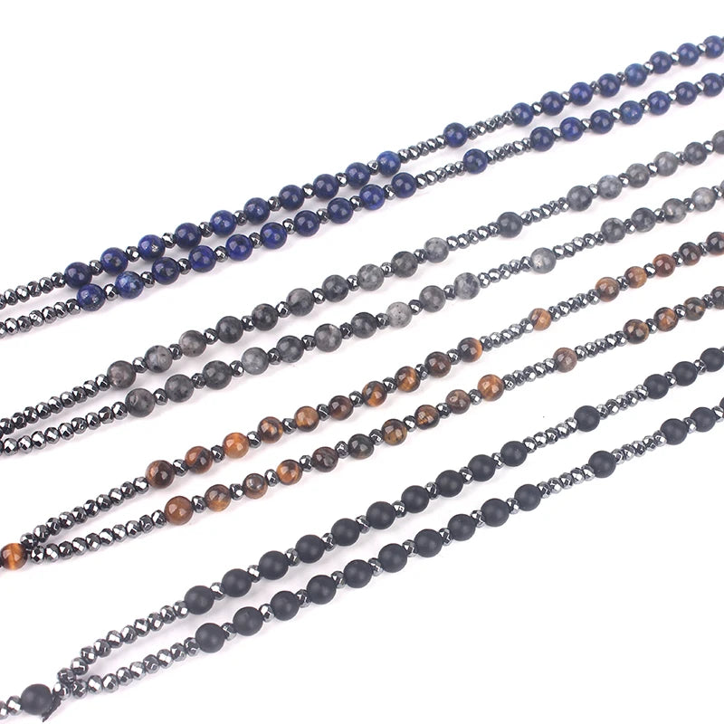 Tiger Eye Lapis Spectrolite Rosary Cross Necklace — Black-Tone