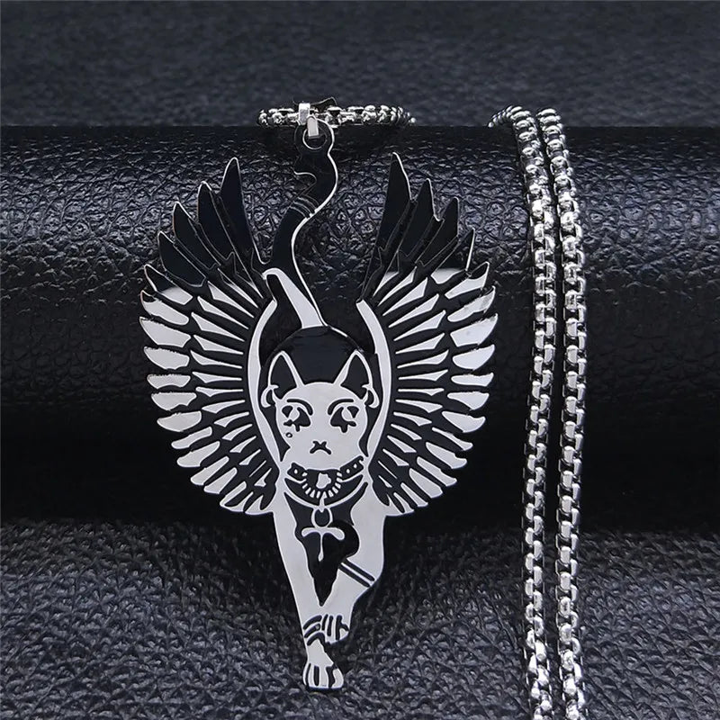 Moon Cat Black Enamel Necklace — Silver